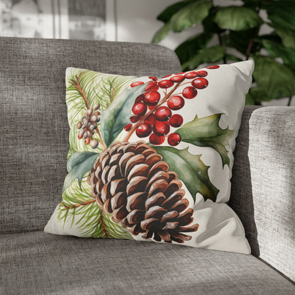 Holiday Pine Cone Pillow Cover, Red Berries Botanical Christmas Xmas Watercolor Square Throw Decorative Cover Cushion 20 x 20 Zipper Sofa