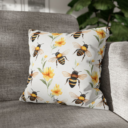 Bees Flowers Pillow Case, Yellow Floral Spring Square Throw Decorative Cover Room Decor Couch Cushion 20 x 20 Zipper Sofa