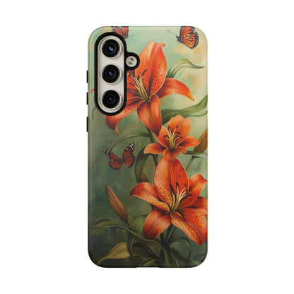 Tiger Lily Tough Phone Case, Flowers Floral Butterfly iPhone 16 15 14 13 Pro Max 12 11 8 Plus X XR XS Galaxy S24 S23 S22 S21 Google Pixel