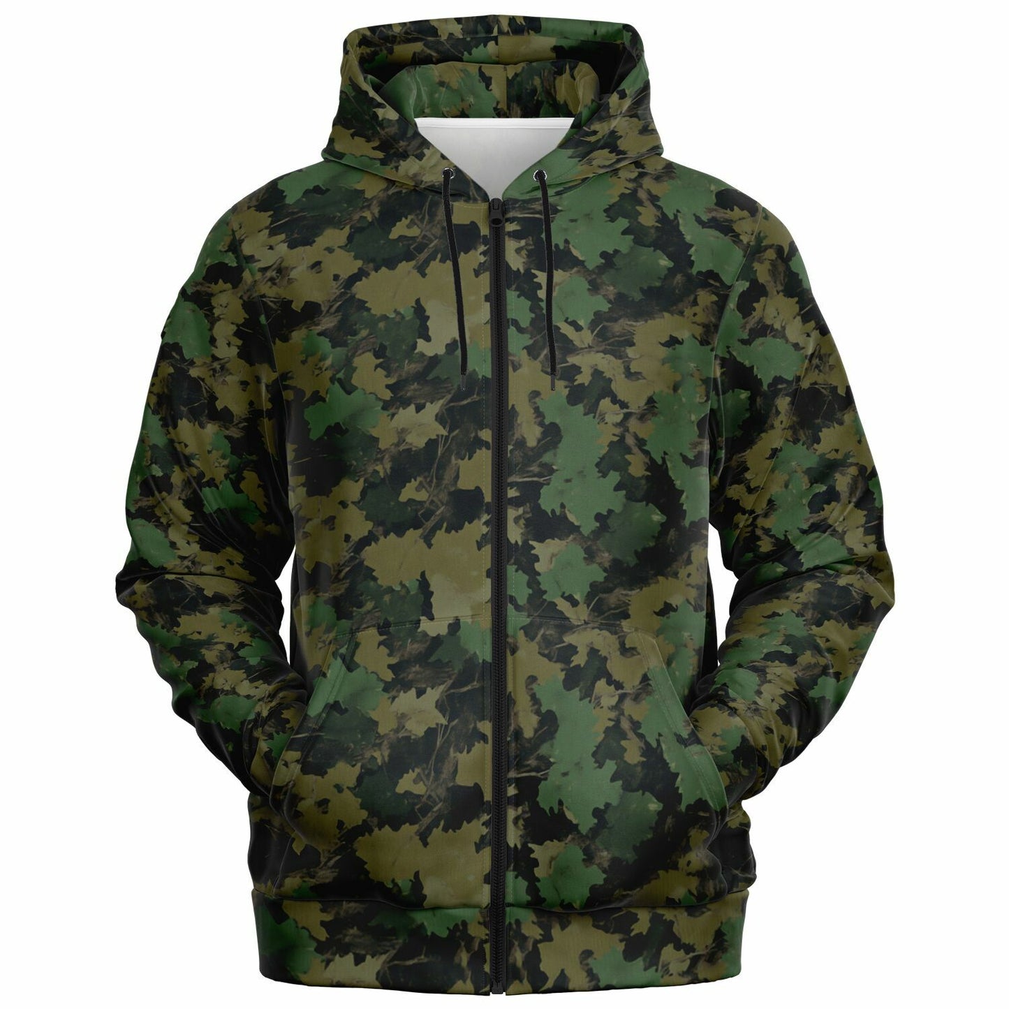 Green Camo Zip Up Hoodie, Realistic Camouflage Woodland Leaf Full Zipper Pocket Men Women Unisex Adult Cotton Fleece Hooded Sweatshirt