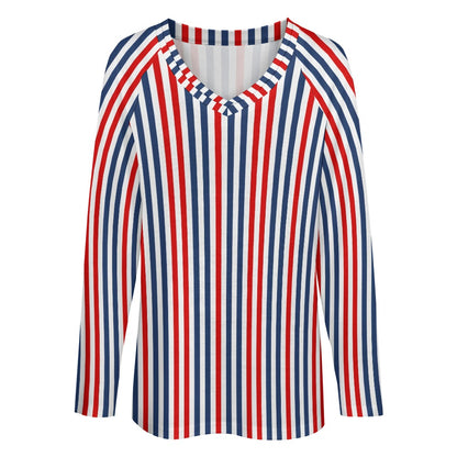 Red White Blue Women Long Sleeve Tshirt loose fit, Striped Vintage Relaxed V-neck Patriotic Designer Aesthetic Ladies Female Tee Top Shirt