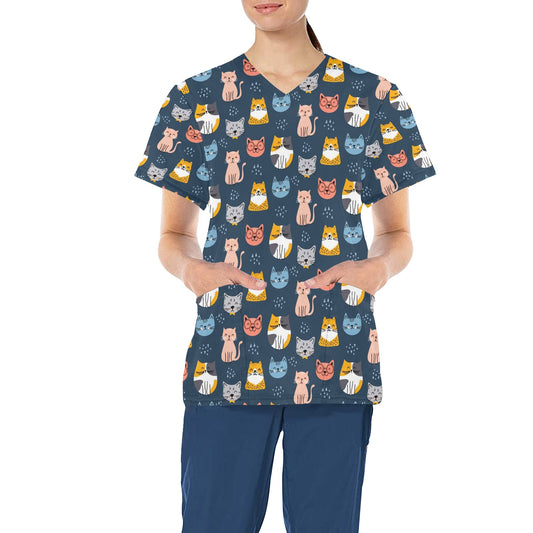 Cats Medical Scrubs Top Women, Kittens Ladies Female Plus Size Nursing Cute Printed Nurse Vet Veterinary Assistant Uniform V Neck Pockets