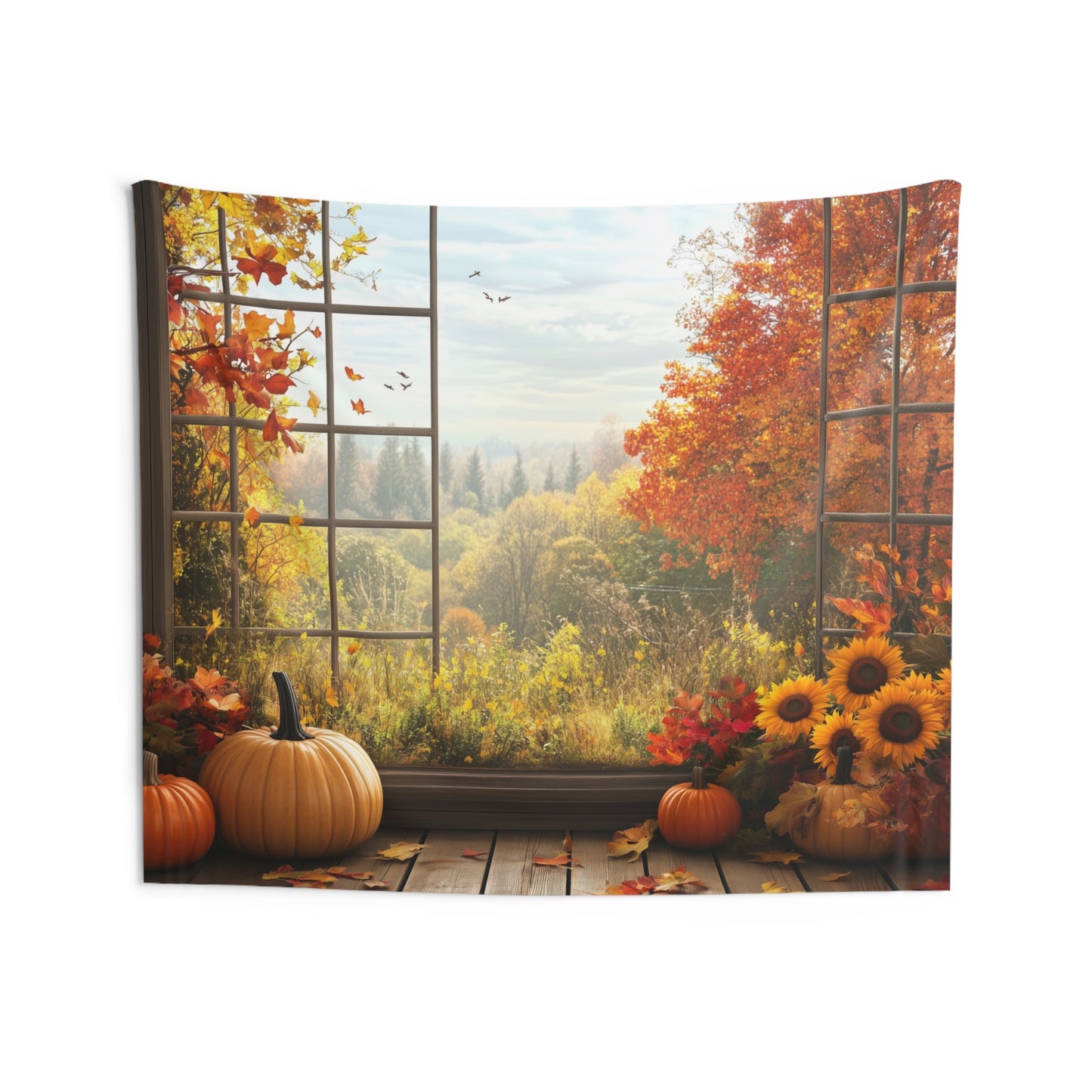 Fall Window Tapestry, Trees Leaf Pumpkin Sunflowers Autumn Wall Art Hanging Cool Unique Landscape Large Small Decor Bedroom College Dorm