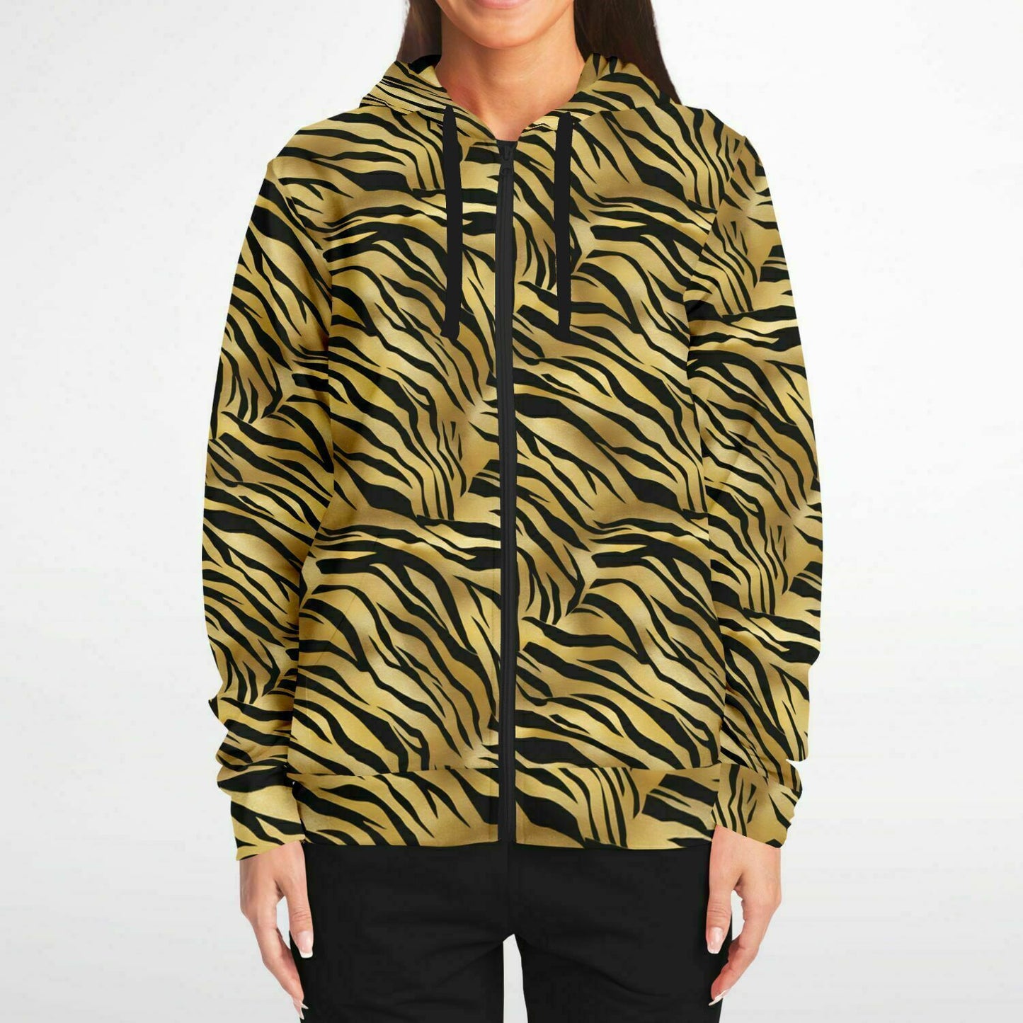 Tiger Stripes Zip Up Hoodie, Animal Print Full Zipper Pocket Men Women Unisex Adult Aesthetic Graphic Cotton Fleece Hooded Sweatshirt