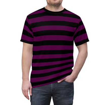 Purple and Black Striped Tshirt, Designer Gothic Wide Stripe Lightweight Heavyweight Crewneck Men Women Tee Top Short Sleeve Shirt