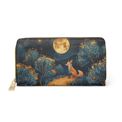 Fox Leather Wallet Women, Moon Trees Vegan Zipper Zip Around Coins Credit Cards Pocket Cash Ladies Pouch Slim Clutch Gift