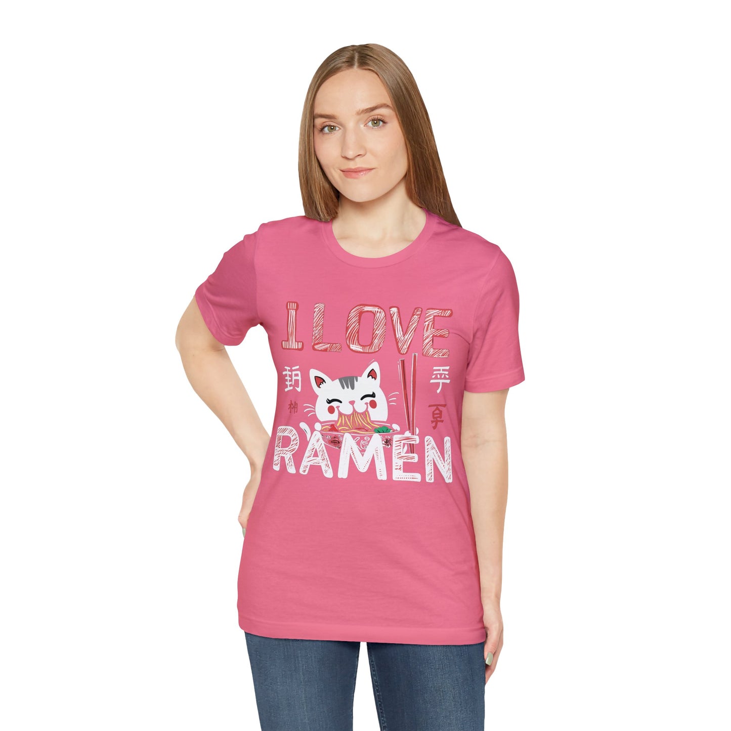 I love Ramen Tshirt, Cat Cup Noodles Eating Food Anime Designer Graphic Aesthetic Crewneck Men Women Tee Top Short Sleeve Shirt