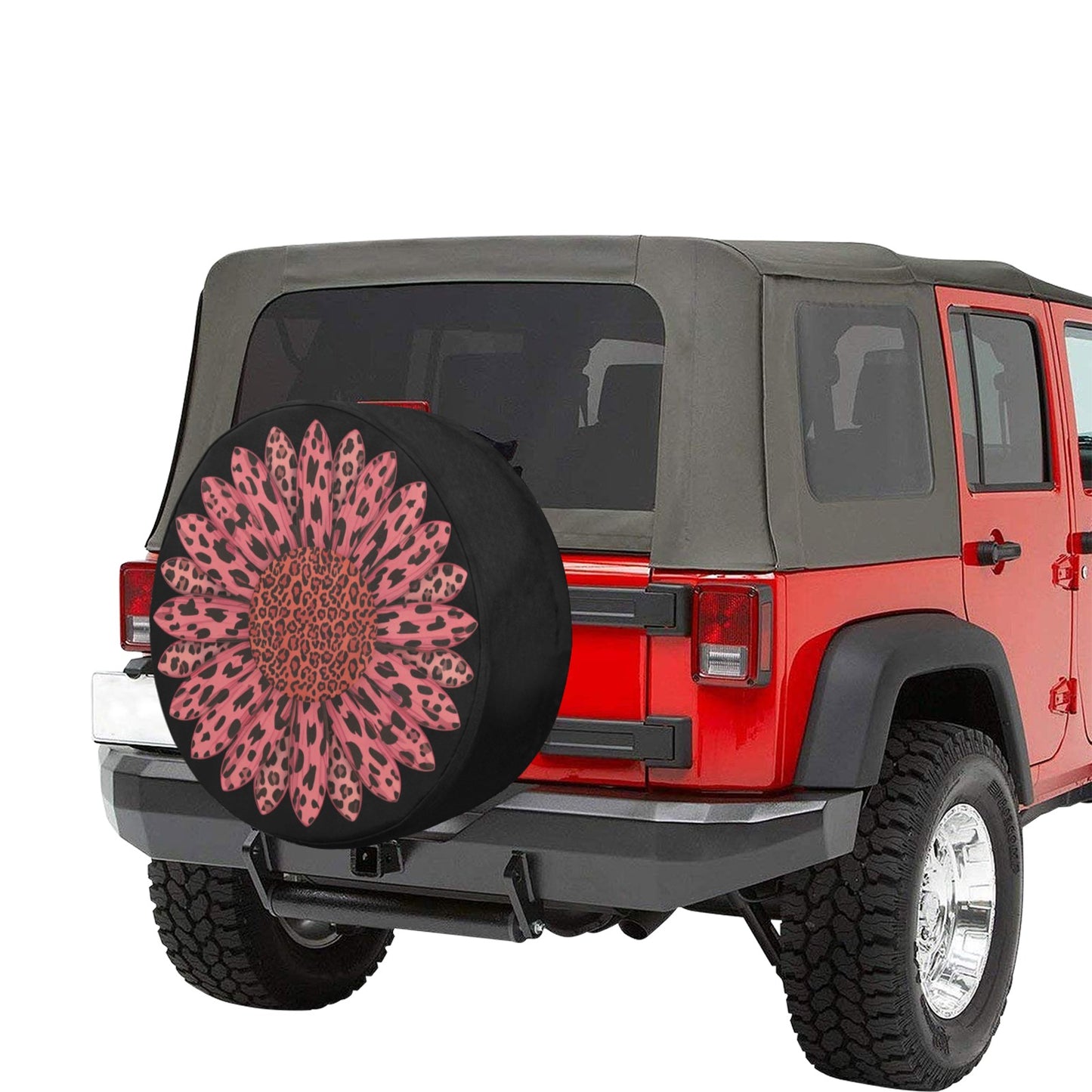 Pink Leopard Sunflower Car Spare Tire Cover, Cheetah Back Rear Extra Wheel Floral Flowers Black Camera Hole Unique Women  RV Camper Auto