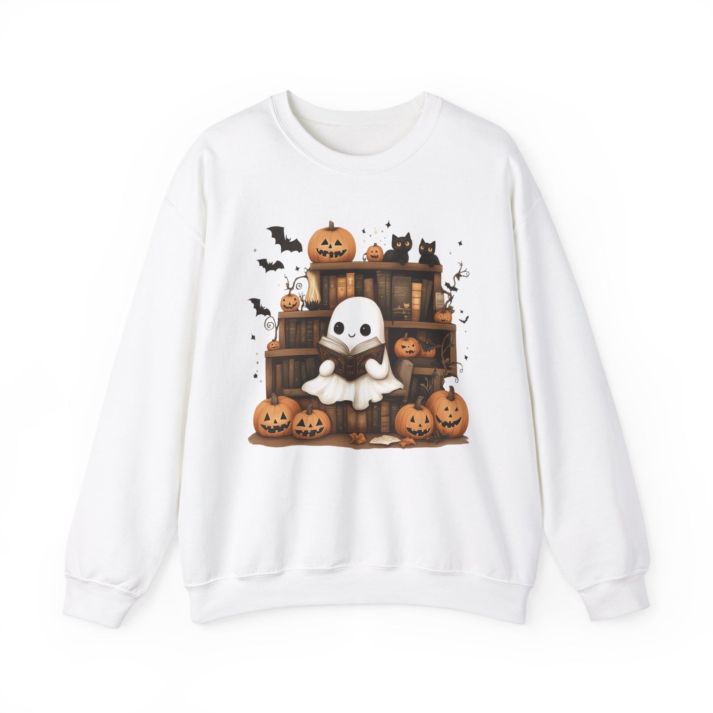 Ghost Reading Books Sweatshirt, Library Halloween Pumpkins Boo School Teacher Graphic Crewneck Cotton Sweater Jumper Pullover Men Women Top