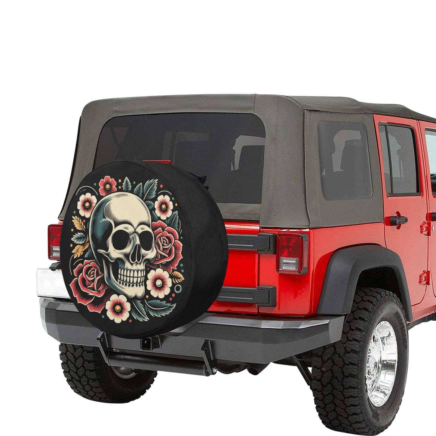 Skull Floral Spare Tire Cover, Car Roses Skeleton Old School Tattoo Backup Camera Hole Rear Wheel Trailer Camper RV Back Men Women Protector