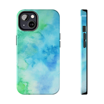 Blue Green Watercolor Tough Phone Case, Tie Dye Colorful Print Cute Cell Iphone 15 14 13 Pro Max 12 11 XS XR X 7 SE 8 Galaxy S24 S23 S22