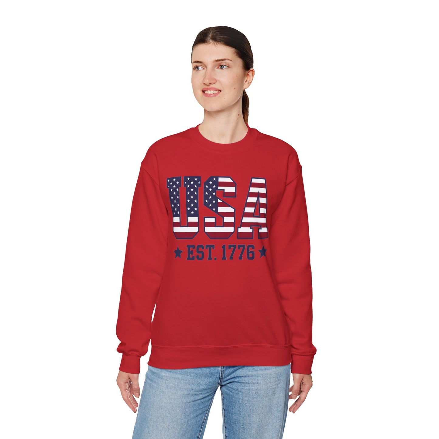 USA Est 1776 Sweatshirt, American Flag Stars Stripes Patriotic Retro Vintage Graphic Crewneck Cotton Sweater Jumper Pullover Men Women Top