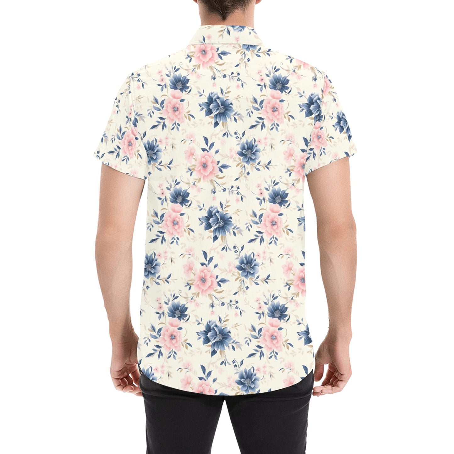 Pink Blue Floral Short Sleeve Men Button Down Shirt, White Flowers Print Casual Buttoned Summer Dress Collared Male Guys Plus Size