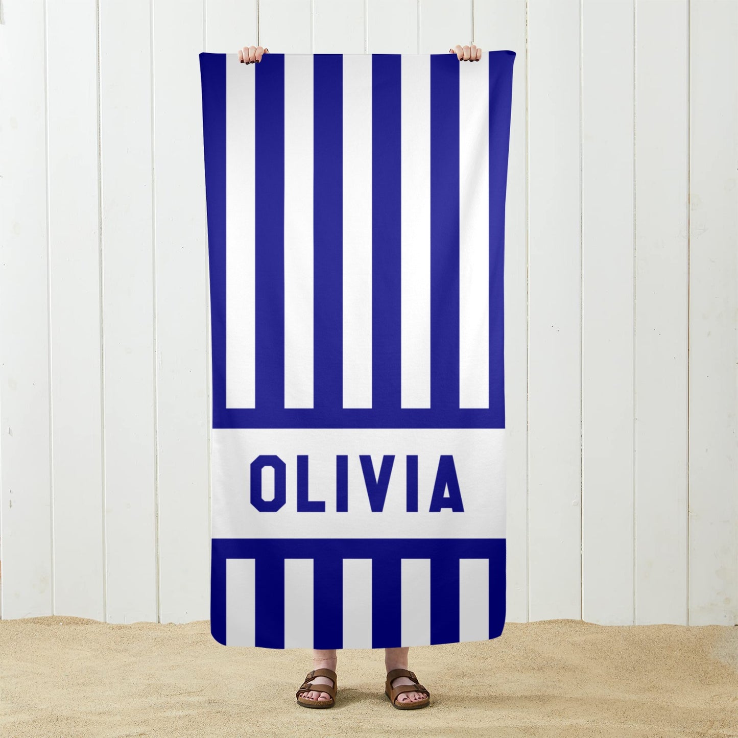 Custom Personalized Beach Towel, Name Striped Navy Blue White Pool Microfiber Large Swim Quick Dry Kids Adult Men Women Cotton Blanket