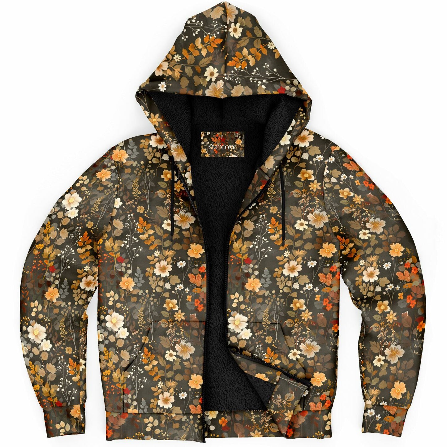 Floral Zip Up Fleece Lined Hoodie, Flowers Brown Heavyweight Full Zipper Pocket Men Women Ladies Unisex Aesthetic Hooded Sweatshirt Jacket