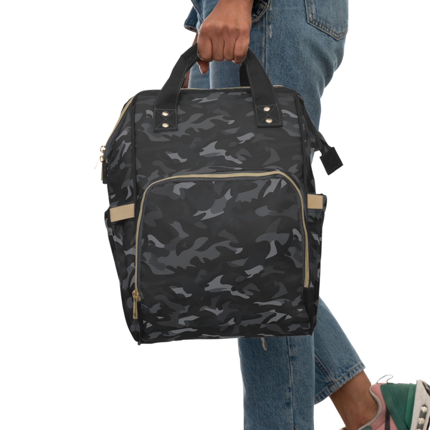 Black Camo Diaper Bag Backpack, Camouflage Baby Girl Waterproof Insulated Pockets Stylish Mom Designer Men Women Multipurpose