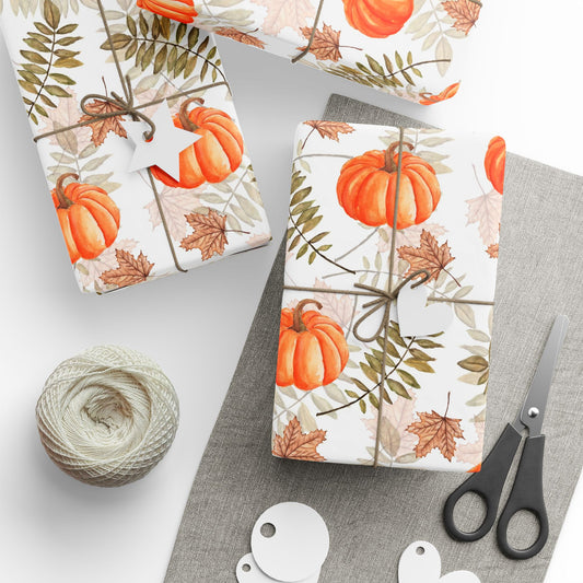 Fall Pumpkins Wrapping Paper, Orange White Maple Leaves Autumn Print Art Packing Holiday Gift Wrap Decor Vintage Present Wrapper Roll