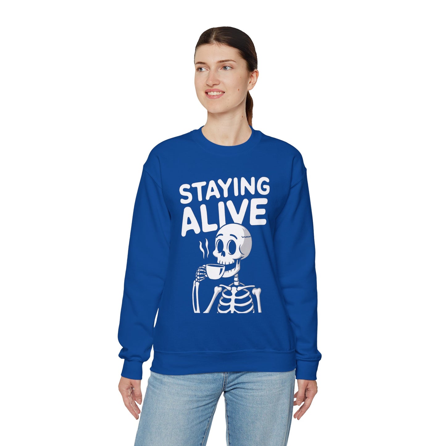 Staying Alive Coffee Sweatshirt, Skeleton Halloween Funny Graphic Crewneck Fleece Cotton Sweater Jumper Pullover Men Women Adult Top