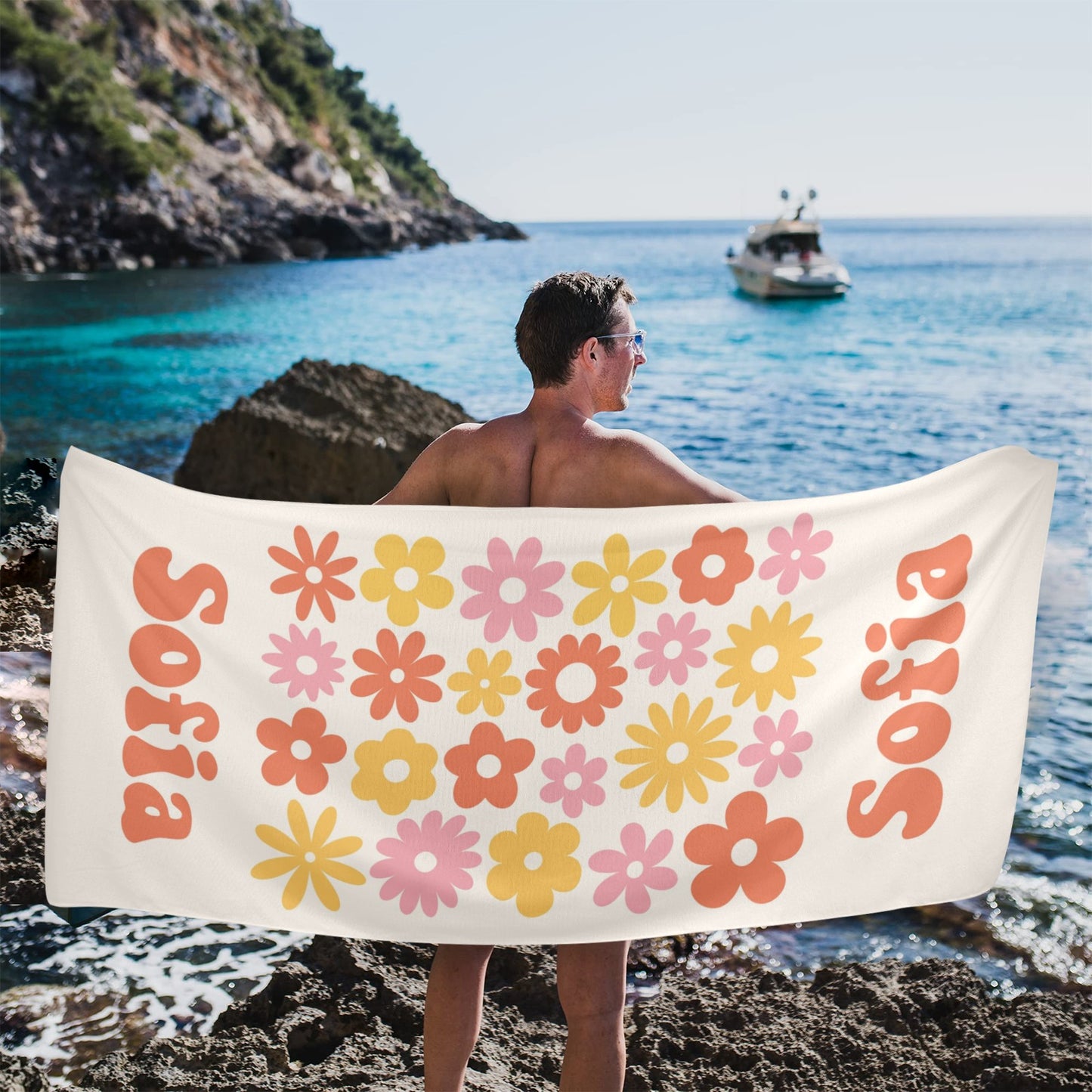 Custom Personalized Beach Towel, Name Retro Daisy Groovy Floral Microfiber Large Swim Quick Dry Kids Adult Men Women Cotton Blanket Gift