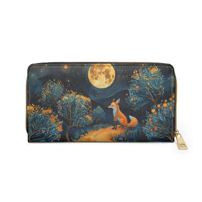 Fox Leather Wallet Women, Moon Trees Vegan Zipper Zip Around Coins Credit Cards Pocket Cash Ladies Pouch Slim Clutch Gift