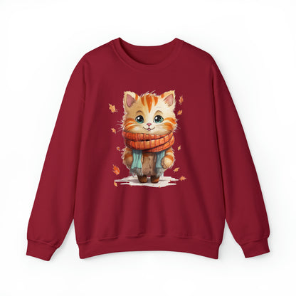 Cat Scarf Sweatshirt, Kitten Fall Autumn Leaves Graphic Crewneck Fleece Cotton Sweater Jumper Pullover Men Women Adult Aesthetic Top Starcove Fashion