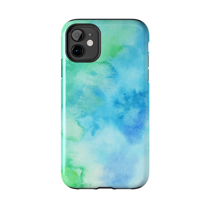 Blue Green Watercolor Tough Phone Case, Tie Dye Colorful Print Cute Cell Iphone 15 14 13 Pro Max 12 11 XS XR X 7 SE 8 Galaxy S24 S23 S22