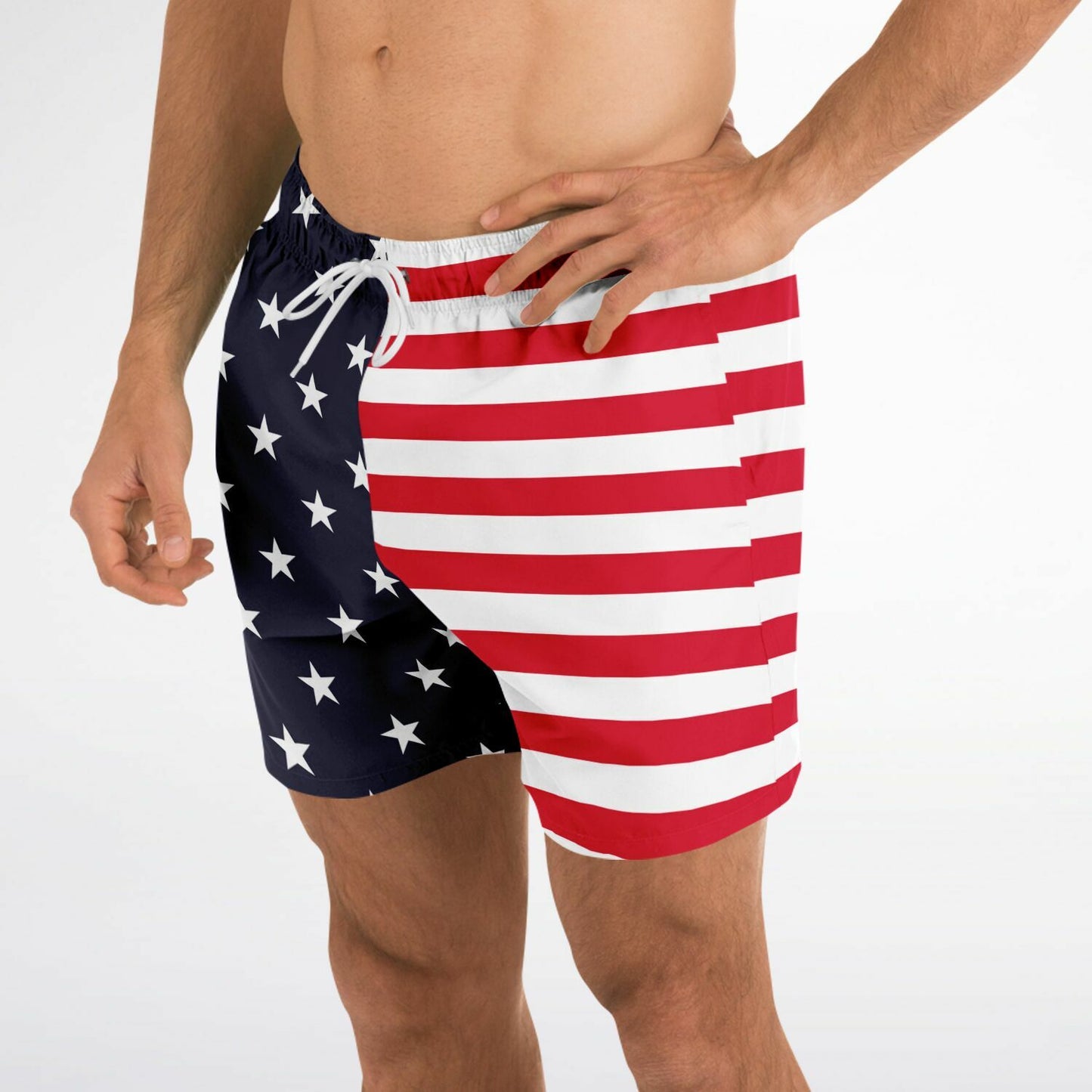 American Flag Men Swim Trunks, USA Patriotic Stars Stripes Red White Blue 4th of July Bathing Shorts Beach Surf Swimwear Male Pockets Lining