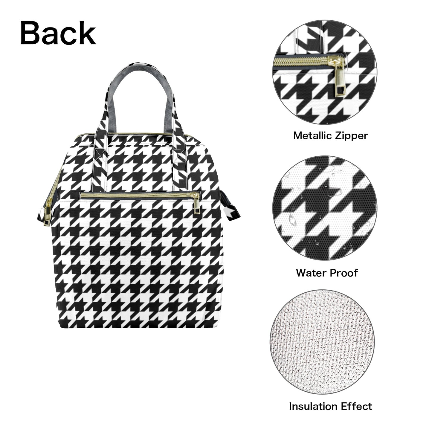 Houndstooth Insulated Lunch Box Bag Tote, Black White Summer Cute Food Container Adult Kids Women Teens Men School Work Handbag Office