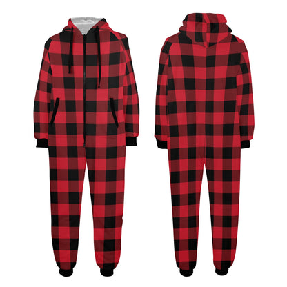 Red Buffalo Plaid One Piece Men Pajama, Black Checkered Christmas Xmas Adult Bodysuit Women Ladies Flannel Long Sleeve Hooded PJ Romper