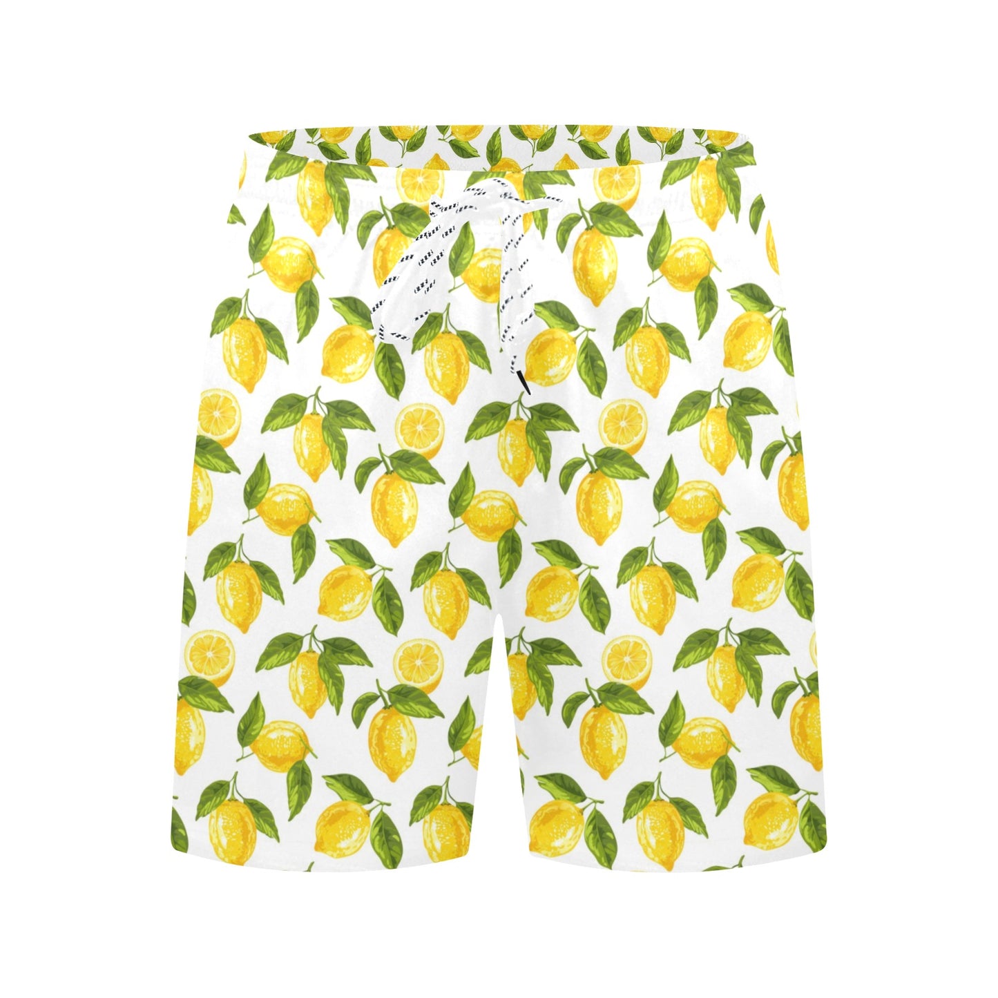 Lemon Men Swim Trunks, Yellow White Summer Fruit Mid Length Shorts Beach Pockets Mesh Lining Drawstring Bathing Suit Plus Size Swimwear