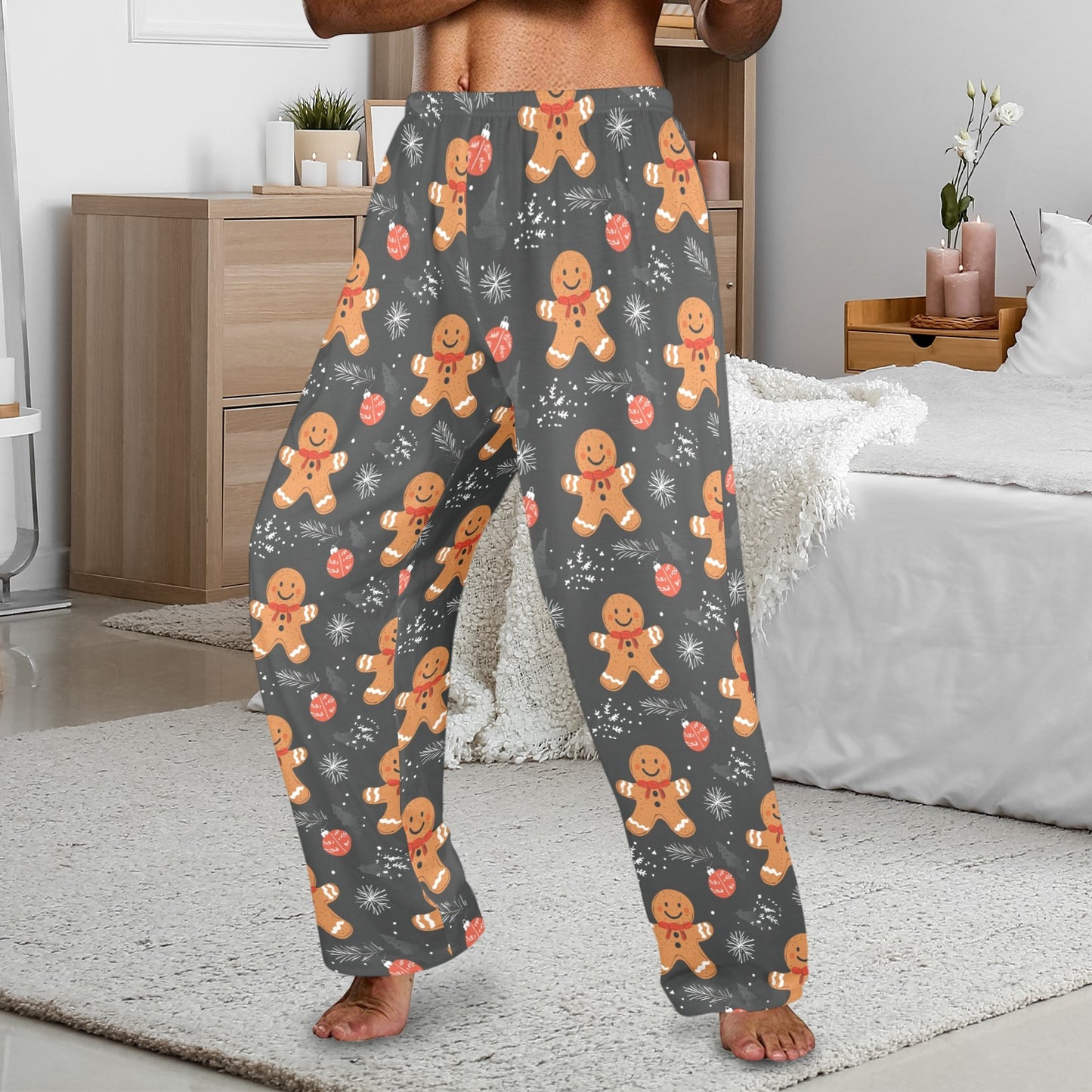 Gingerbread Christmas Men Pajamas Pants, Xmas Holidays Snow Grey PJ Pockets Sleep Lounge Trousers Guys Male Matching Sleepwear Bottoms