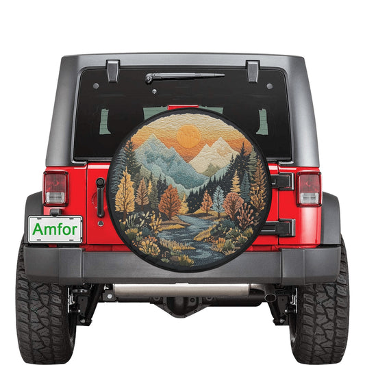 Mountains Spare Tire Wheel Cover, Sunset Boho Flowers Pine Trees Faux Embroidery Back Up Camera Hole Design Backup RV Car Camper Truck Auto