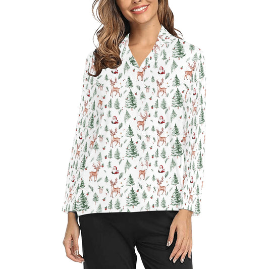 White Christmas Trees Women Sleep Pajama Long Sleeve Shirt, Reindeer Santa Claus Xmas Button Down Ladies Sleeping Cute Pjs Night Loungewear