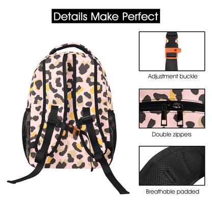 Pink Leopard Backpack, Animal Print Cheetah Men Women Kids Gift School College Cool Waterproof Side Pockets Laptop Designer Aesthetic Bag