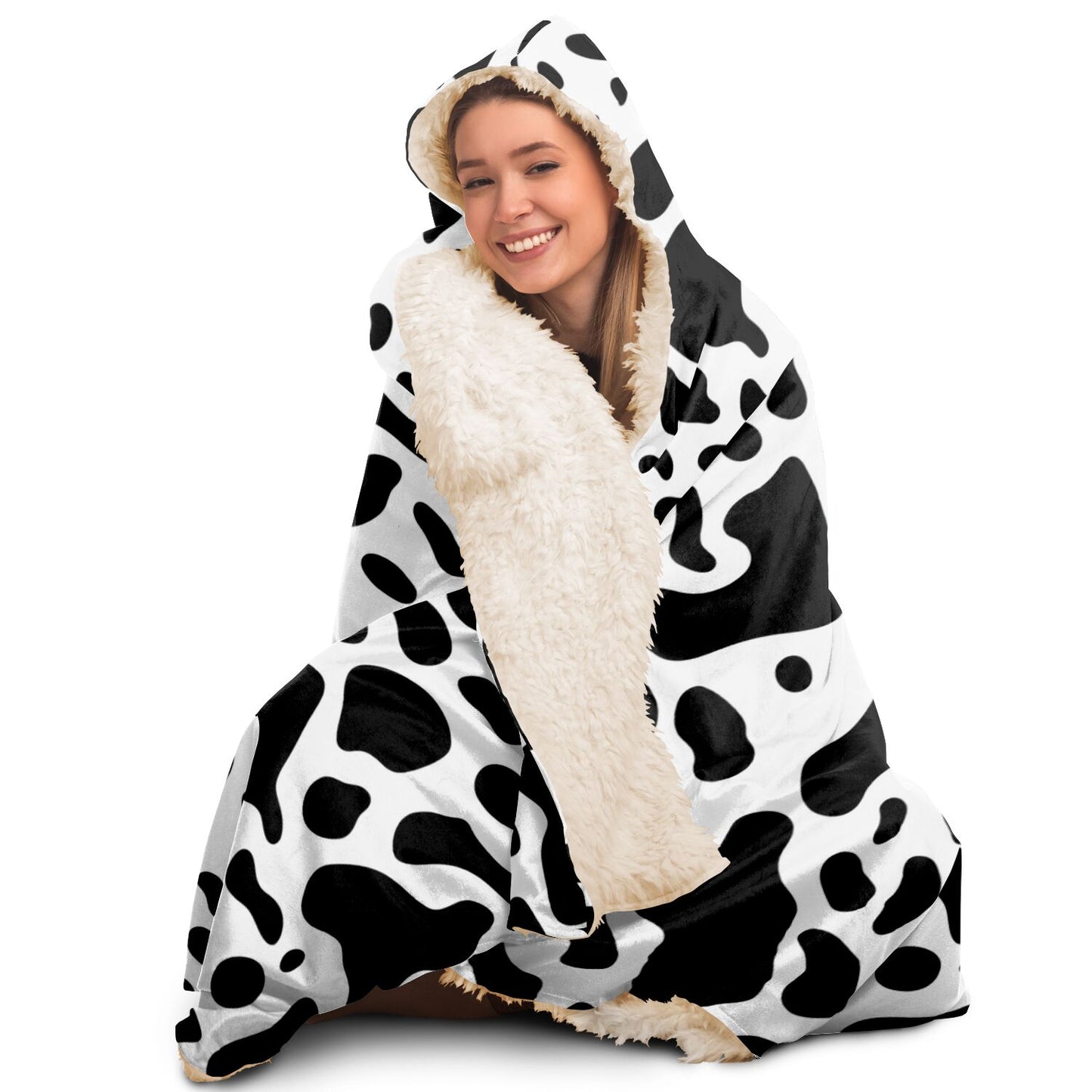 Cow Print Hooded Blanket, Black White Animal Sherpa Fleece Soft Fluffy Cozy Warm Adult Men Women Kids Large Wearable with Hood Gift Starcove Fashion