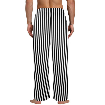 Black and White Striped Men Pajamas Pants, Thin Pin Stripes Satin PJ Pockets Sleep Trousers Sleepwear Guys Male Adult Long Lounge Bottoms