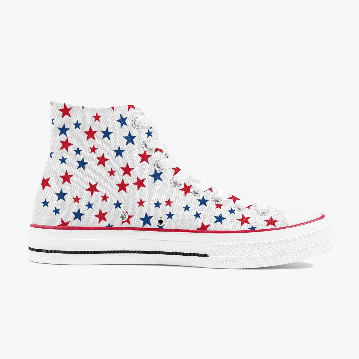 Red White Blue Stars High Top Shoes, American Flag USA Women Men Lace Up Sneakers 4th of July Footwear Canvas Ladies Trainers Designer