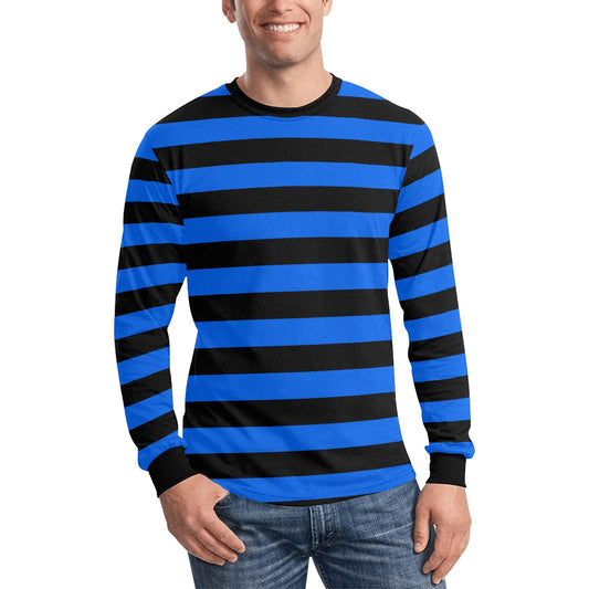 Black and Blue Men Long Sleeve Striped TShirt, Graphic Vintage Retro Broad Stripes Crewneck Unisex Women Designer Male Guys Tee Top Shirt