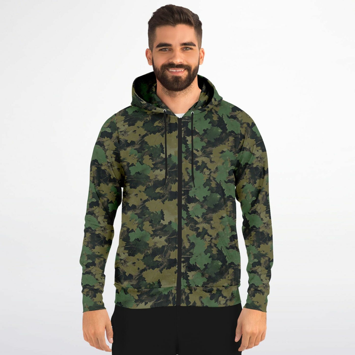 Green Camo Zip Up Hoodie, Realistic Camouflage Woodland Leaf Full Zipper Pocket Men Women Unisex Adult Cotton Fleece Hooded Sweatshirt