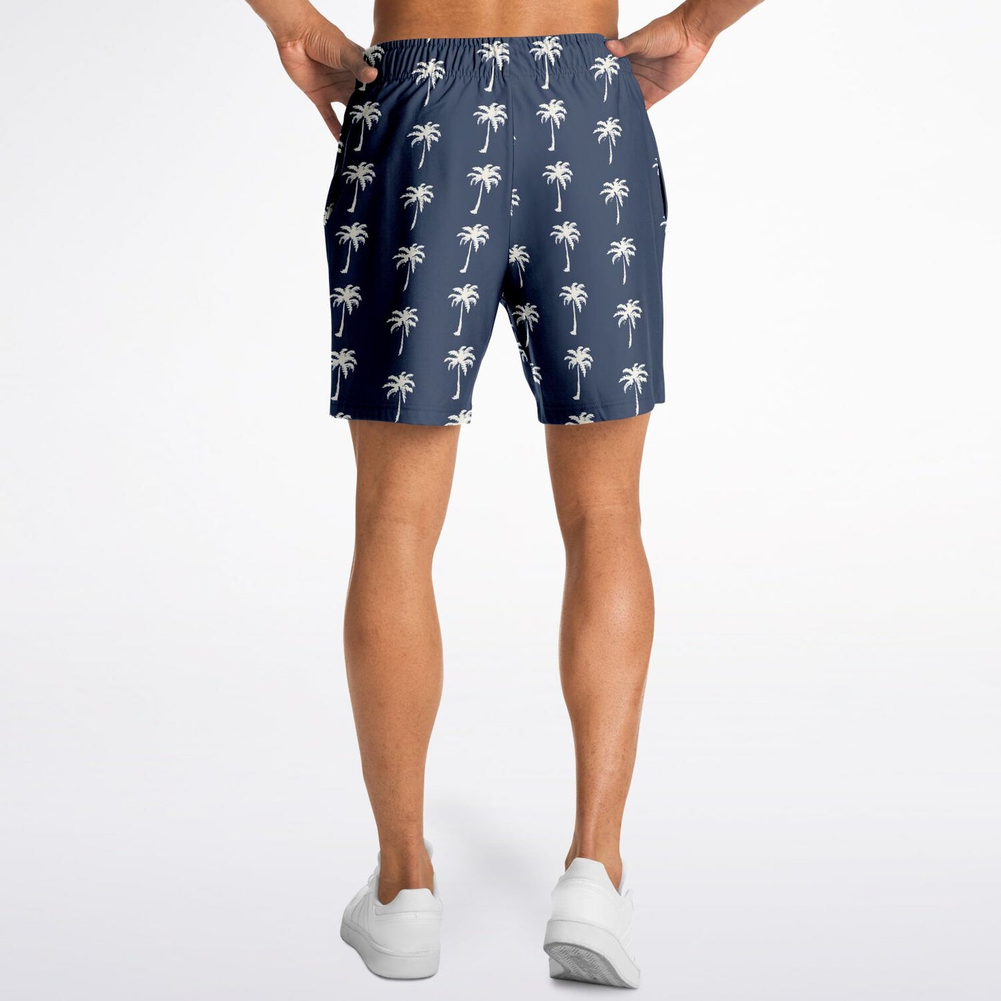 Palm Trees Men Shorts, Navy Blue Beach Male Casual with Pockets 7 Inch Inseam Drawstring Casual Designer Cool Summer