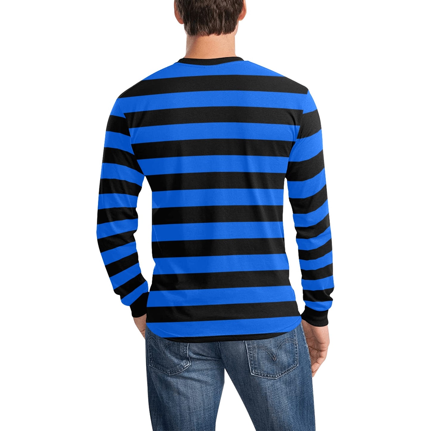 Black and Blue Men Long Sleeve Striped TShirt, Graphic Vintage Retro Broad Stripes Crewneck Unisex Women Designer Male Guys Tee Top Shirt