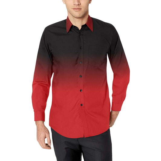 Black Red Ombre Long Sleeve Men Button Up Shirt, Gradient Tie Dye Two Tone Print Buttoned Collar Casual Dress Shirt Chest Pocket Plus Size