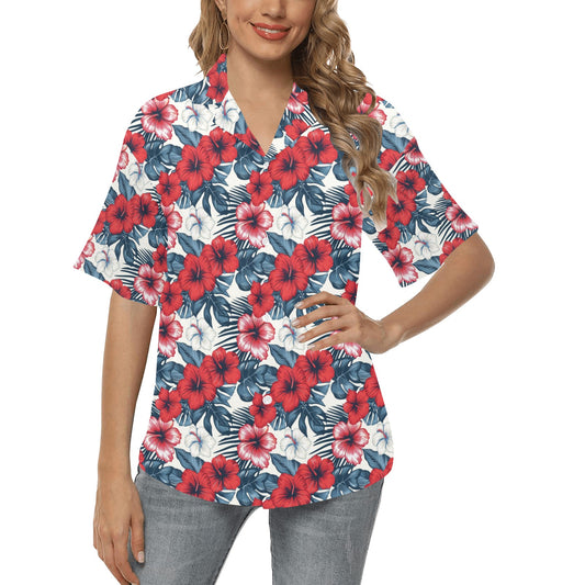 Red White Blue Hibiscus Floral Women Hawaiian shirt, Flowers Tropical Print Vintage Retro Hawaii Aloha Cool Button Up Down Ladies Blouse