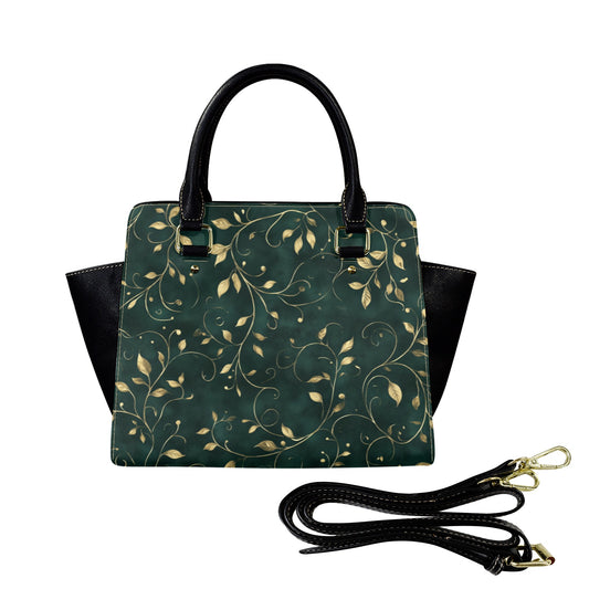 Dark green Leather Purse Handbag, Vines Leaves Gold Print Vintage Designer Women Ladies Satchel Top Zip Handle Black Bag Shoulder Strap