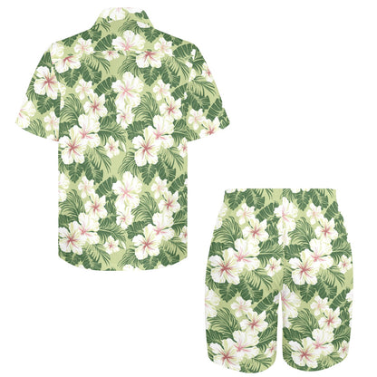 Tropical Shirt Shorts Outfit Set Men, Green White Floral Hibiscus Flower Hawaiian Beach Male Guys Summer Short Sleeve Button Up Down Luau