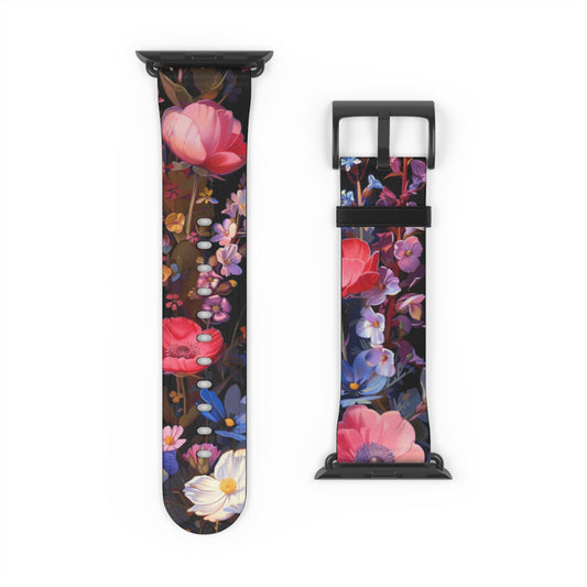 WildFlowers Apple Watch Leather Wrist Band, Floral Cool Designer Women Luxury Vegan Straps 38 40mm 42mm 45mm Size Series 5 6 7 8 9 SE Ultra