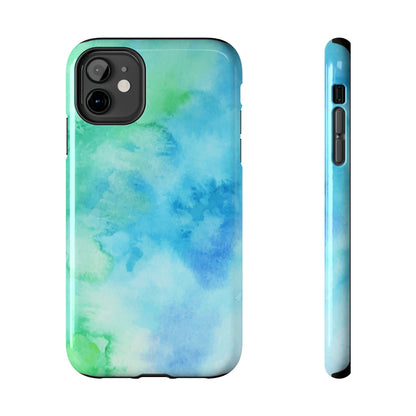 Blue Green Watercolor Tough Phone Case, Tie Dye Colorful Print Cute Cell Iphone 15 14 13 Pro Max 12 11 XS XR X 7 SE 8 Galaxy S24 S23 S22