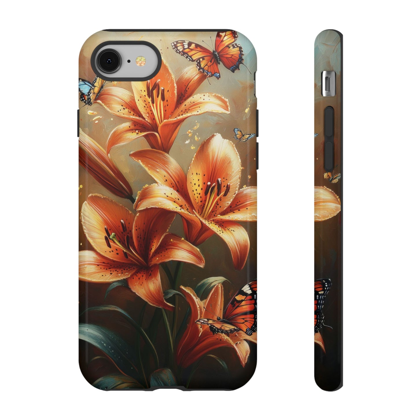 Cute Tiger Lily Tough Phone Case, Flowers Floral Butterfly iPhone 16 15 14 13 Pro Max 12 11 8 Plus X XR XS Galaxy S24 S23 S22 S21 Pixel