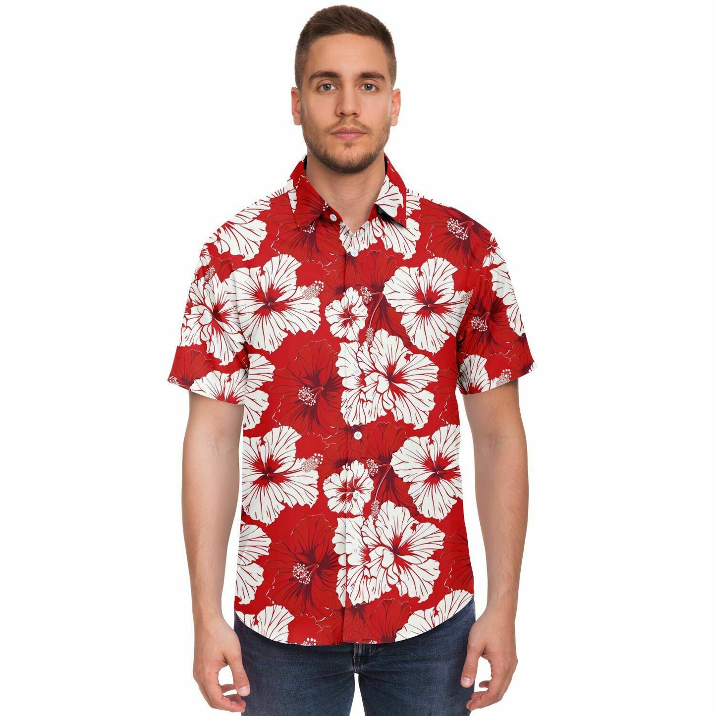 Red and White Floral Men Button Up Shirt, Hibiscus Flowers Short Sleeve Print Casual Buttoned Down Summer Guys Collared Designer Dress Shirt