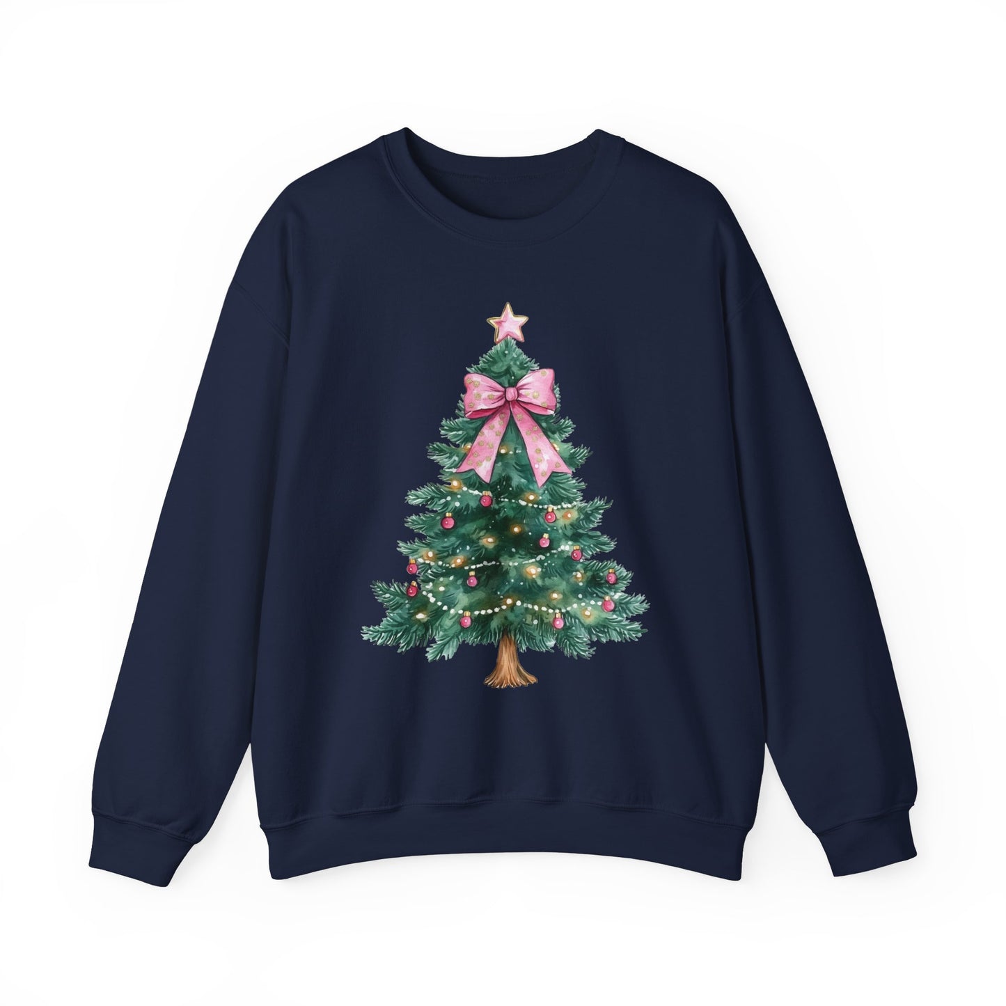 Christmas Tree Pink Bow Sweatshirt,  Coquette Cute Xmas Holiday Print Women Men Vintage Party Winter Holiday Outfit Plus Size Sweater